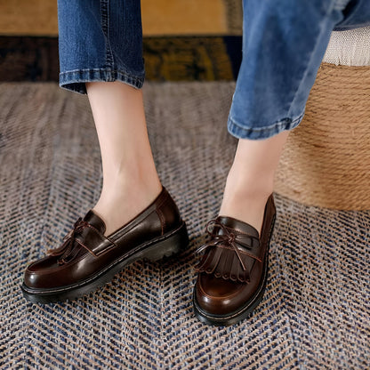 Mocassins Rétro Chic Femme: Talons Carrés avec Franges
