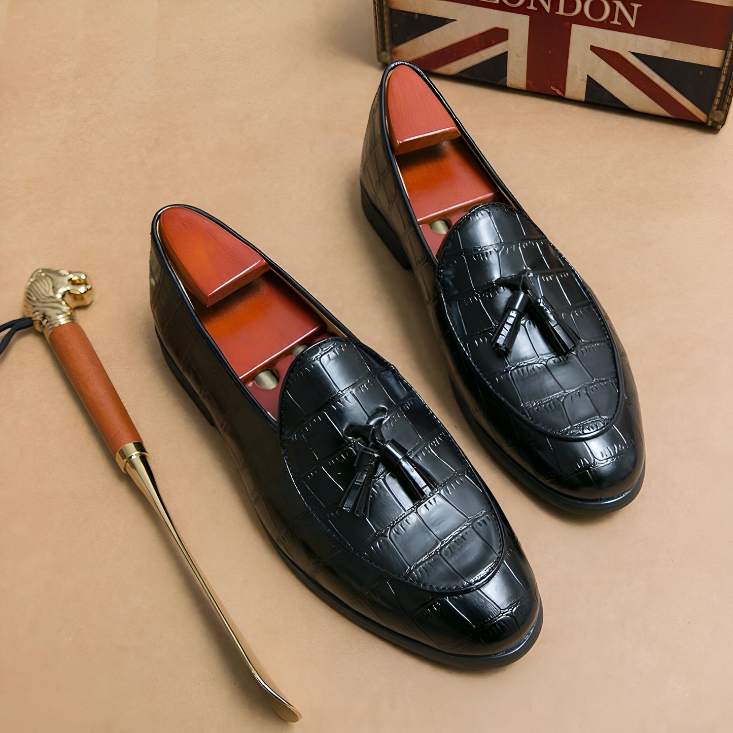 Luxe Mocassins Cuir Vachette Effet Croco Glands