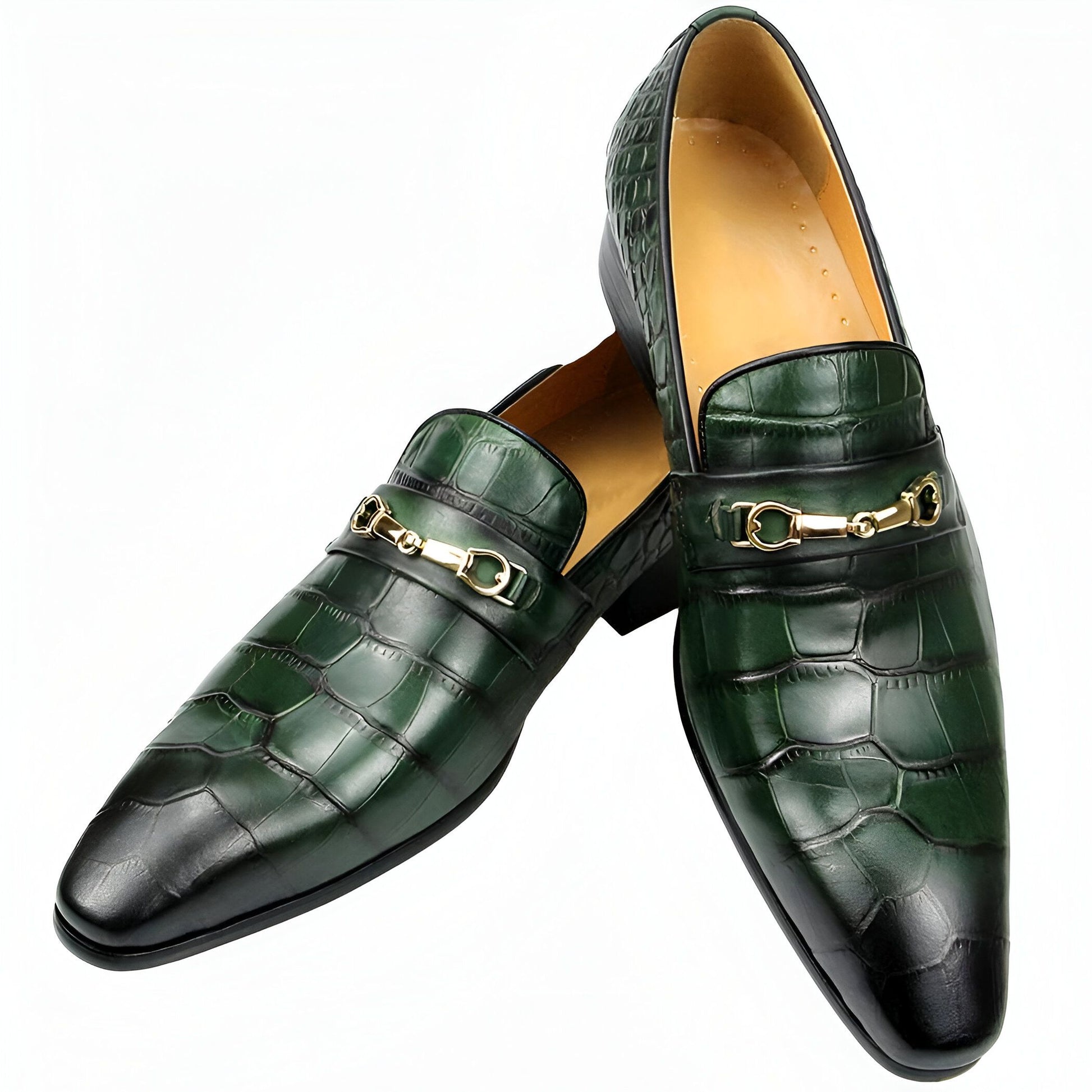 Luxe Mocassins Homme Cuir Vert Croco Pointus