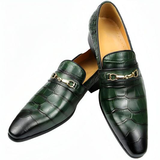 Luxe Mocassins Homme Cuir Vert Croco Pointus
