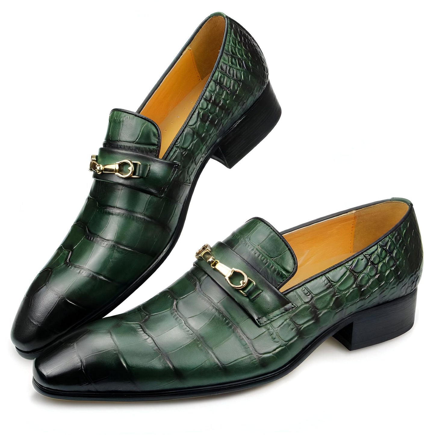 Luxe Mocassins Homme Cuir Vert Croco Pointus