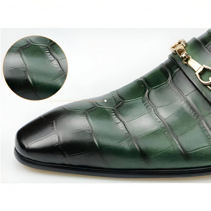 Luxe Mocassins Homme Cuir Vert Croco Pointus