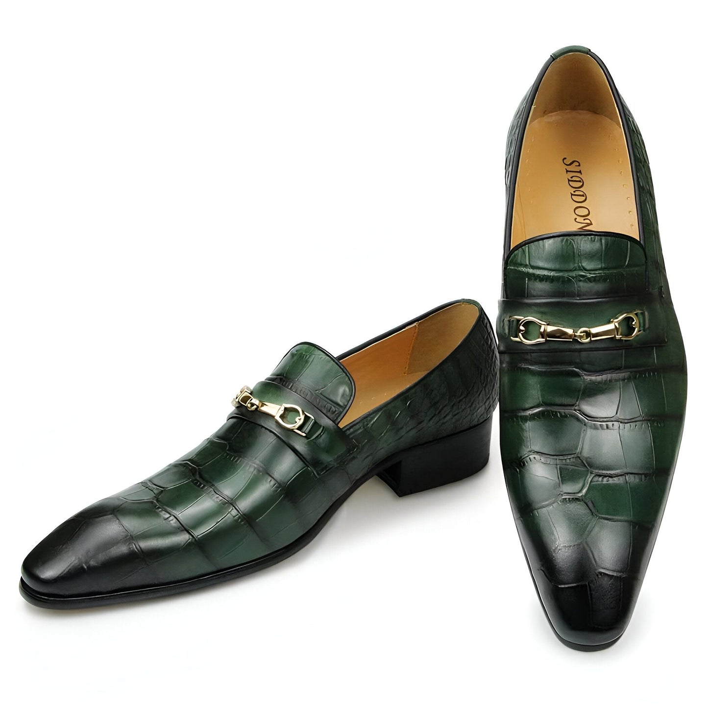 Luxe Mocassins Homme Cuir Vert Croco Pointus