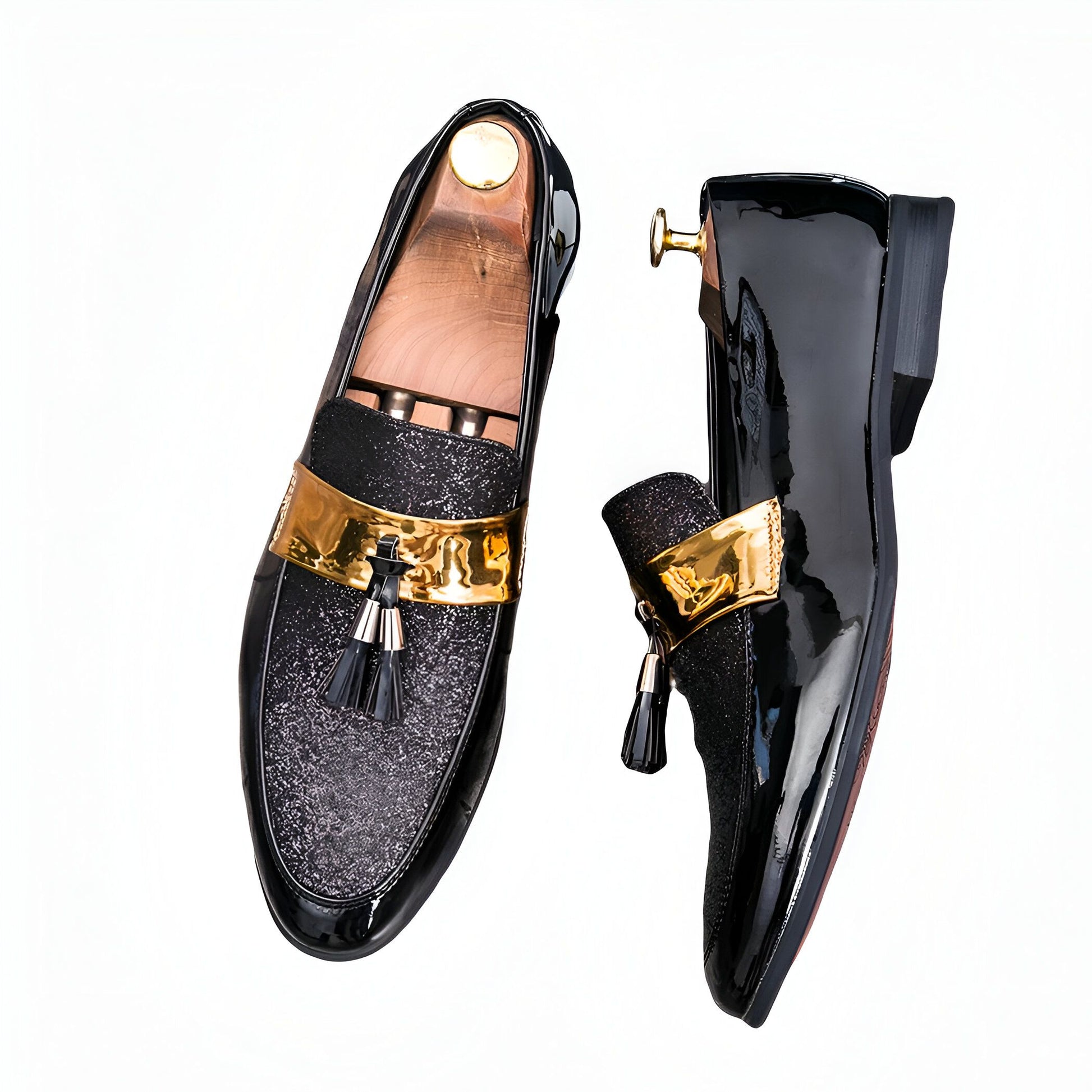 Premium Mocassins Homme Noir Glands Dorés en Cuir