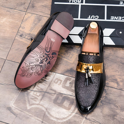 Premium Mocassins Homme Noir Glands Dorés en Cuir