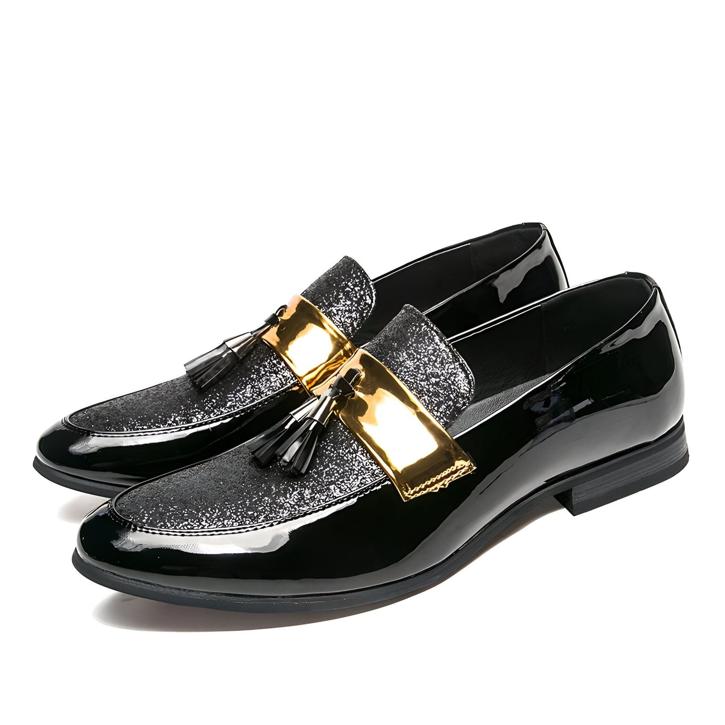Premium Mocassins Homme Noir Glands Dorés en Cuir