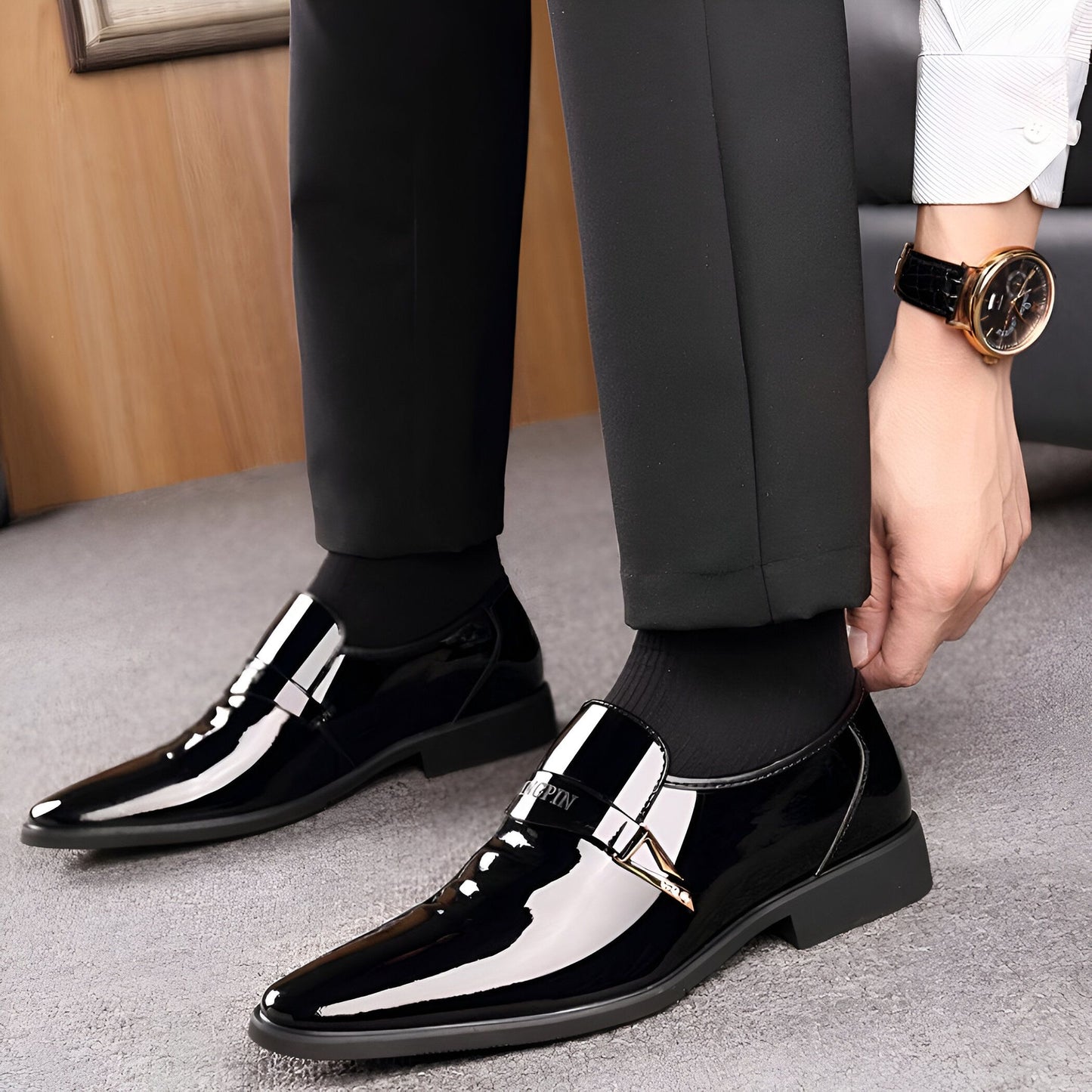 LuxeCuir Mocassins Homme Cuir Verni Noir Épurés