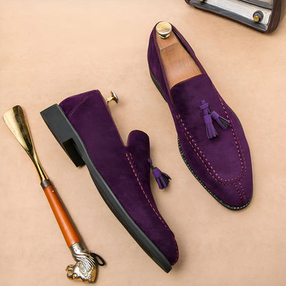 Mocassins Daim Violet - Pompons et Semelle Caoutchouc