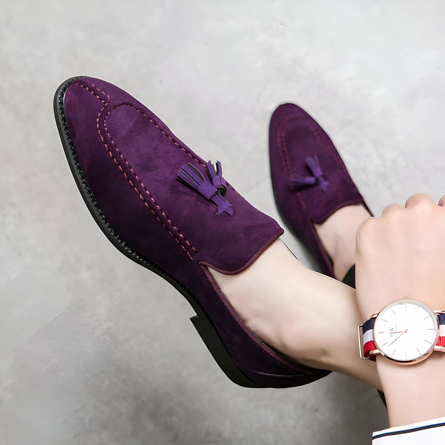 Mocassins Daim Violet - Pompons et Semelle Caoutchouc