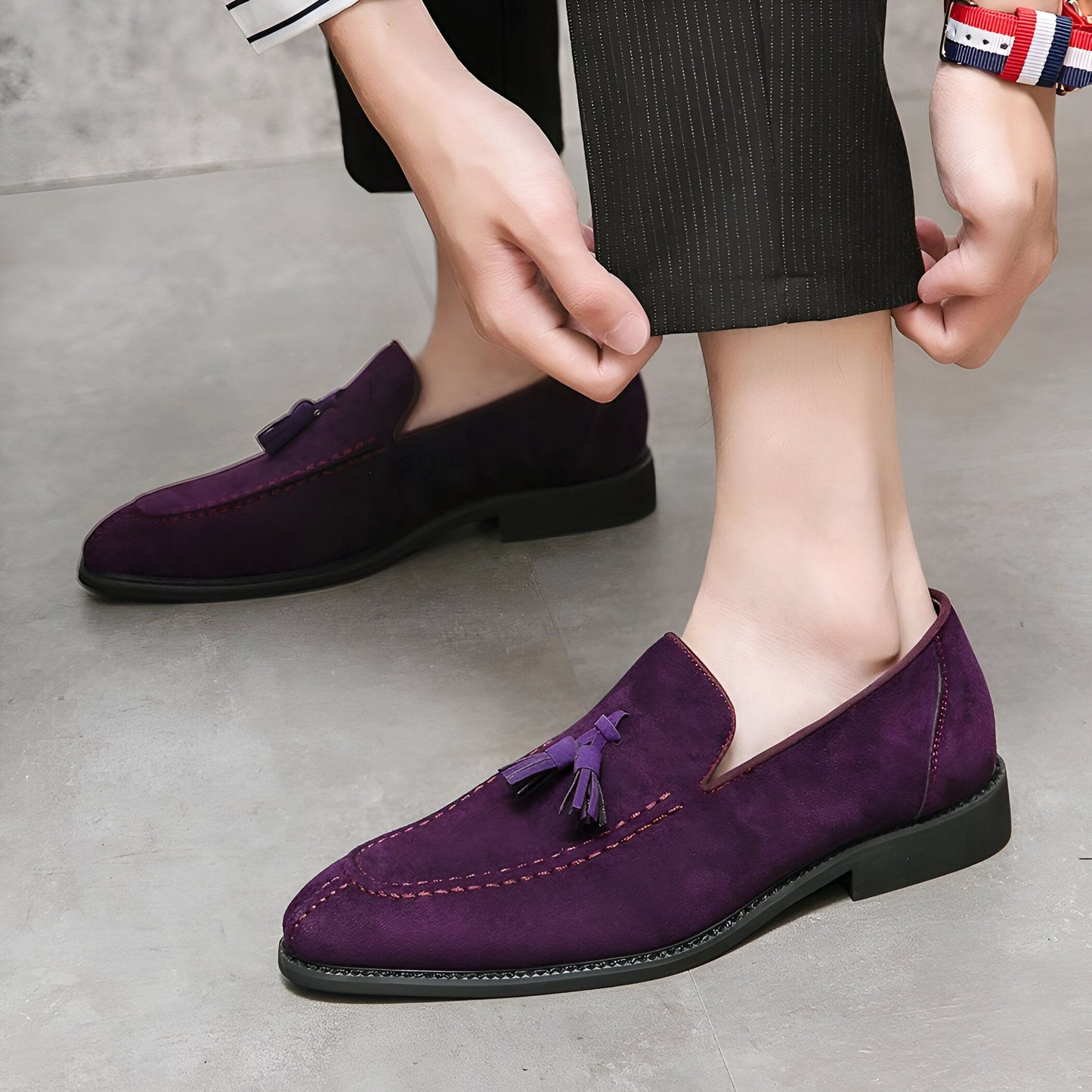 Mocassins Daim Violet - Pompons et Semelle Caoutchouc
