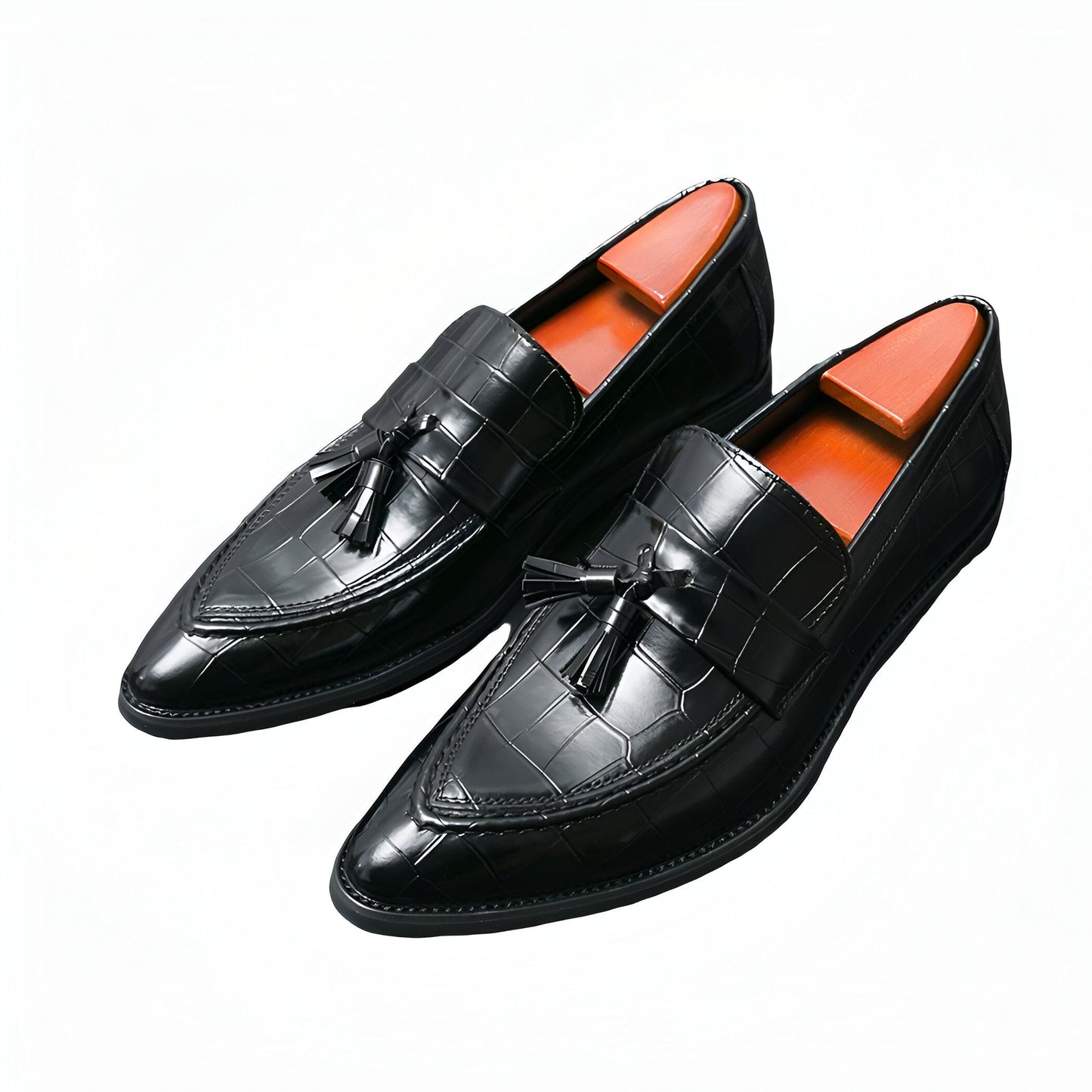 Élégance Mocassins Homme Cuir Noir Glands Bout Pointu