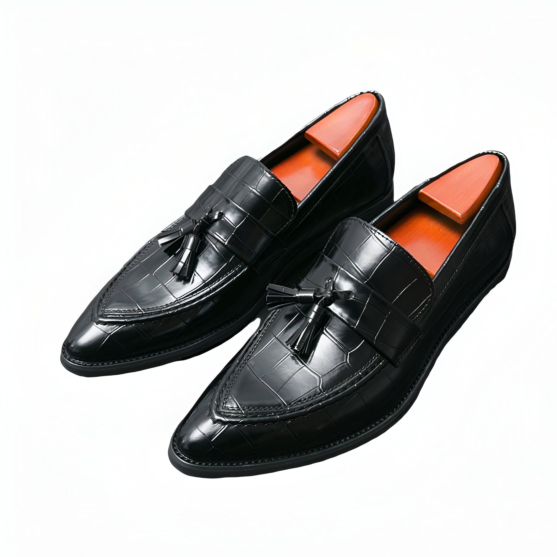 Élégance Mocassins Homme Cuir Noir Glands Bout Pointu
