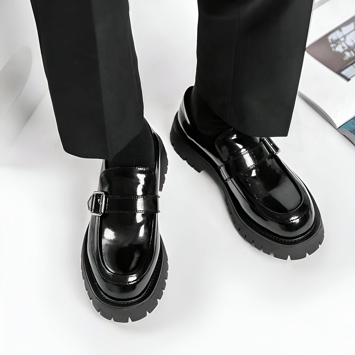 Élite Mocassins Homme Vernis Cuir Plateforme