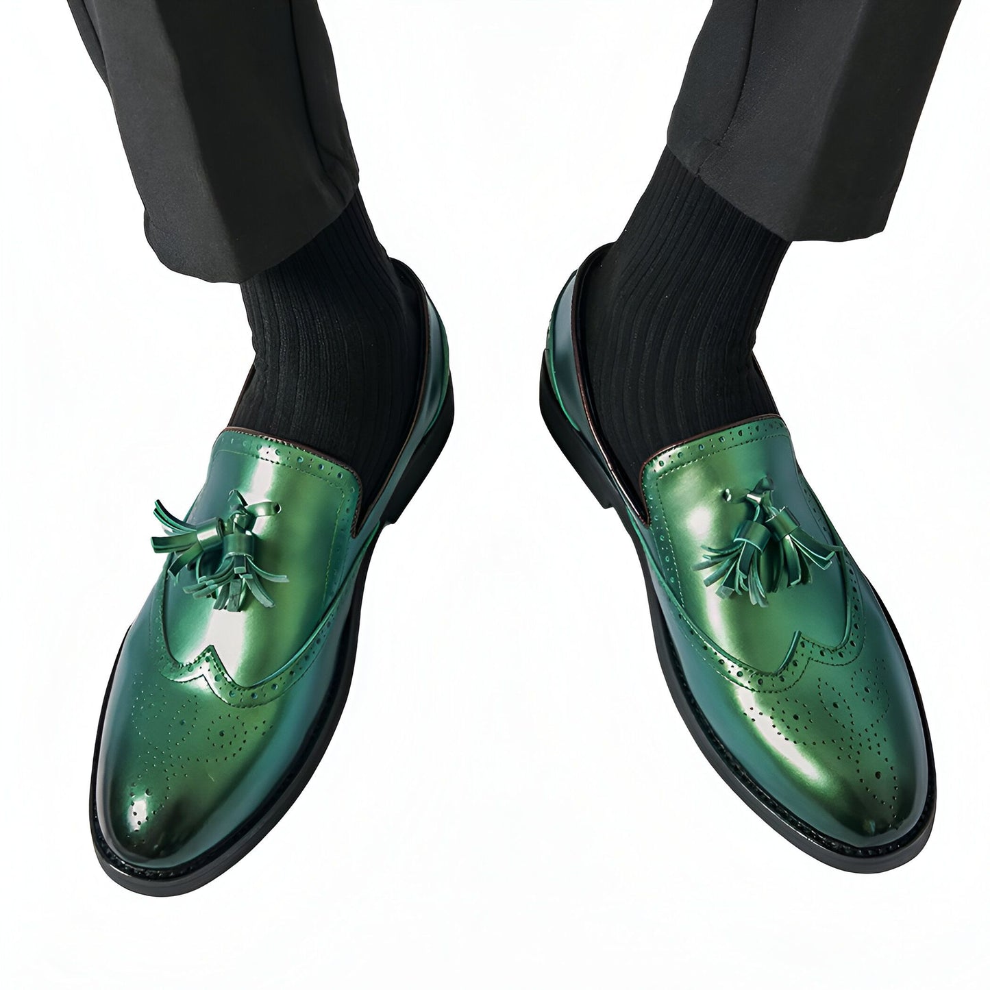 Mocassins Homme Vert Métallisé - Glands Élégants