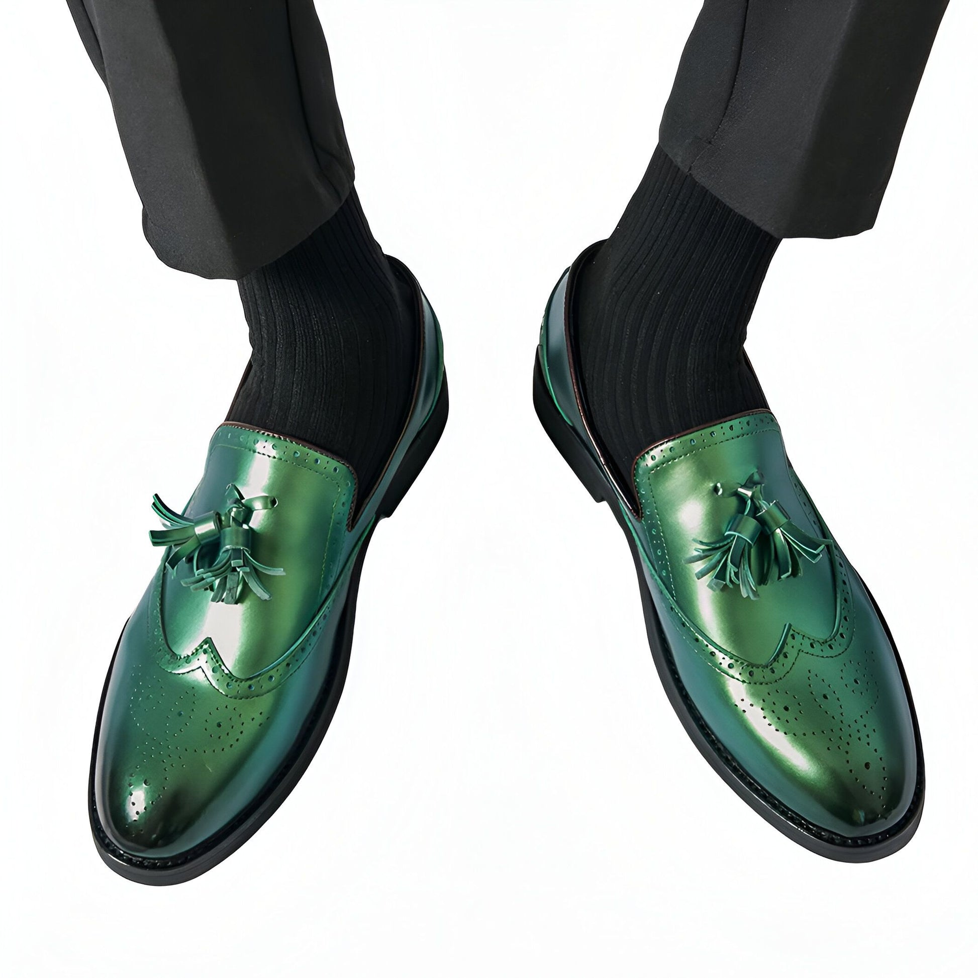 Mocassins Homme Vert Métallisé - Glands Élégants