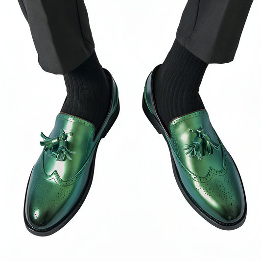 Mocassins Homme Vert Métallisé - Glands Élégants