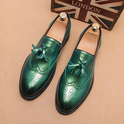 Mocassins Homme Vert Métallisé - Glands Élégants