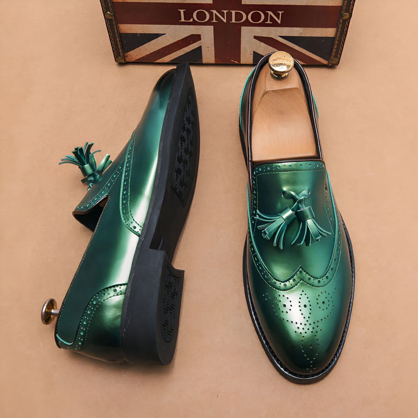 Mocassins Homme Vert Métallisé - Glands Élégants