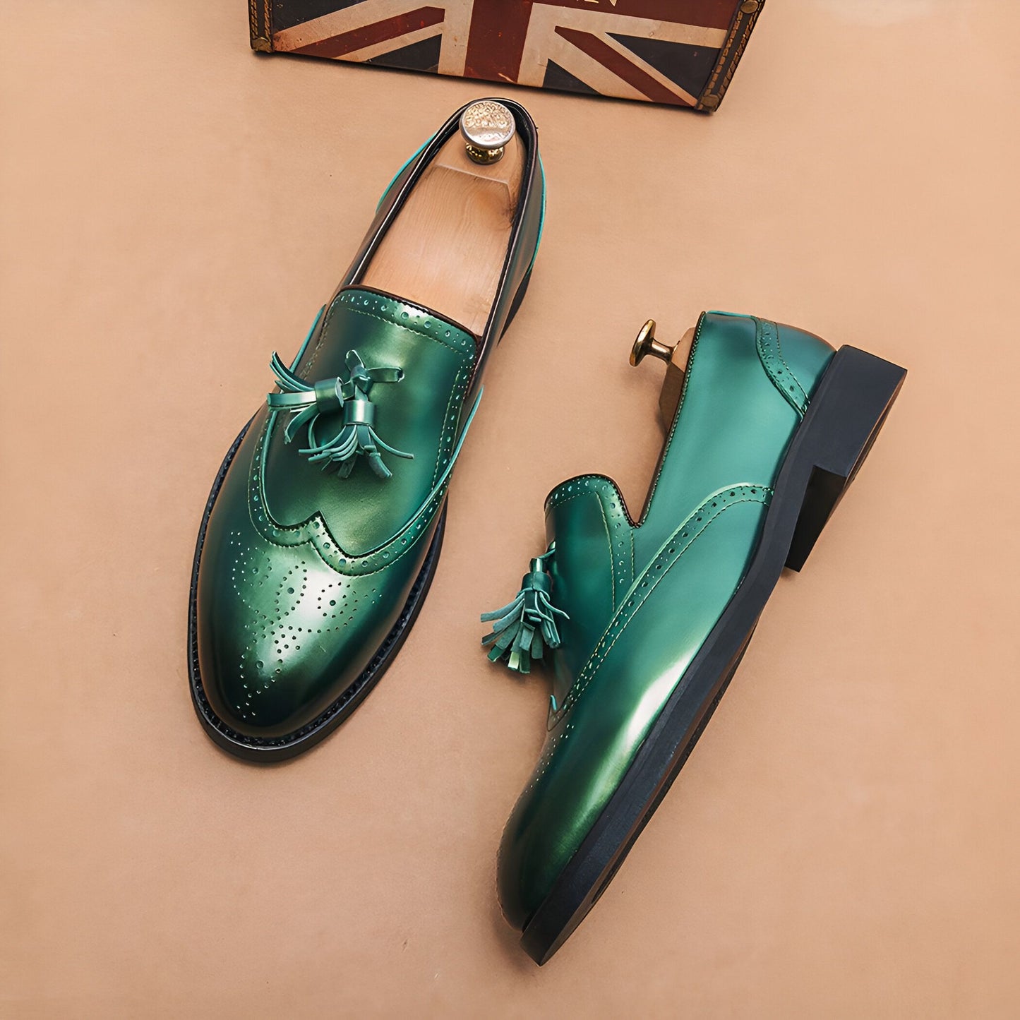 Mocassins Homme Vert Métallisé - Glands Élégants