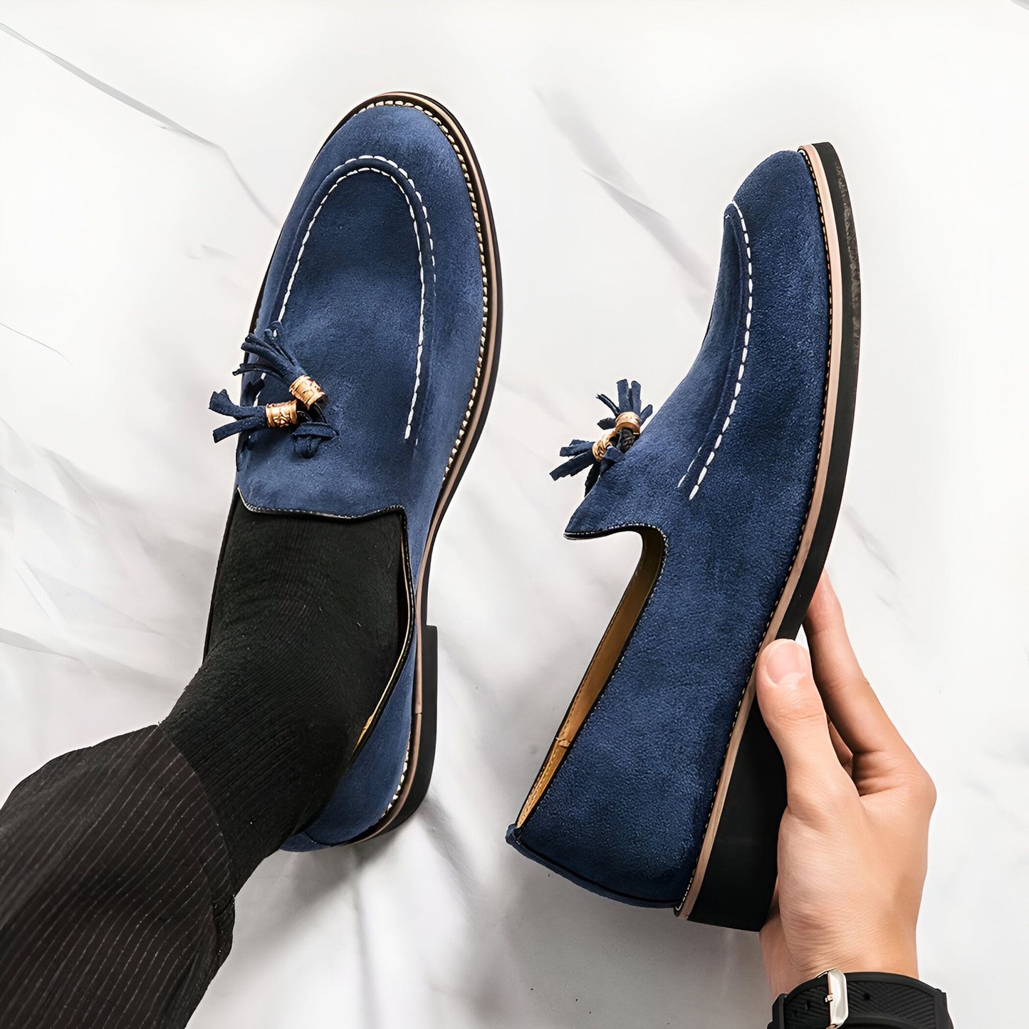 Mocassins Homme Bleu – Daim Effet Pompons Signature