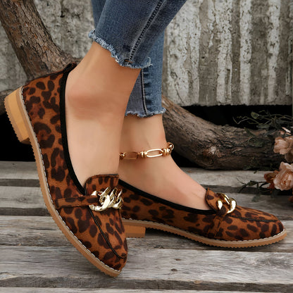 Mocassins Léopard Femme Chaînes Dorées Petit Talon Luxe