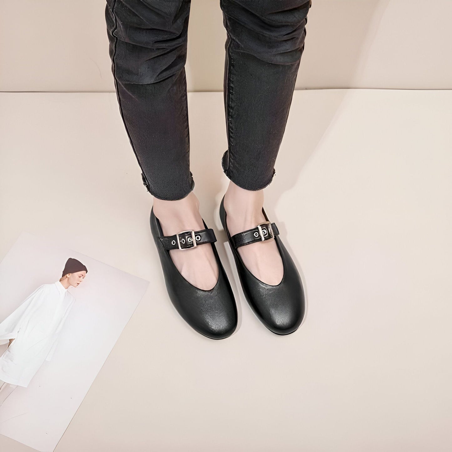 Élégance Mocassins Mary Jane Noir Cuir Végan