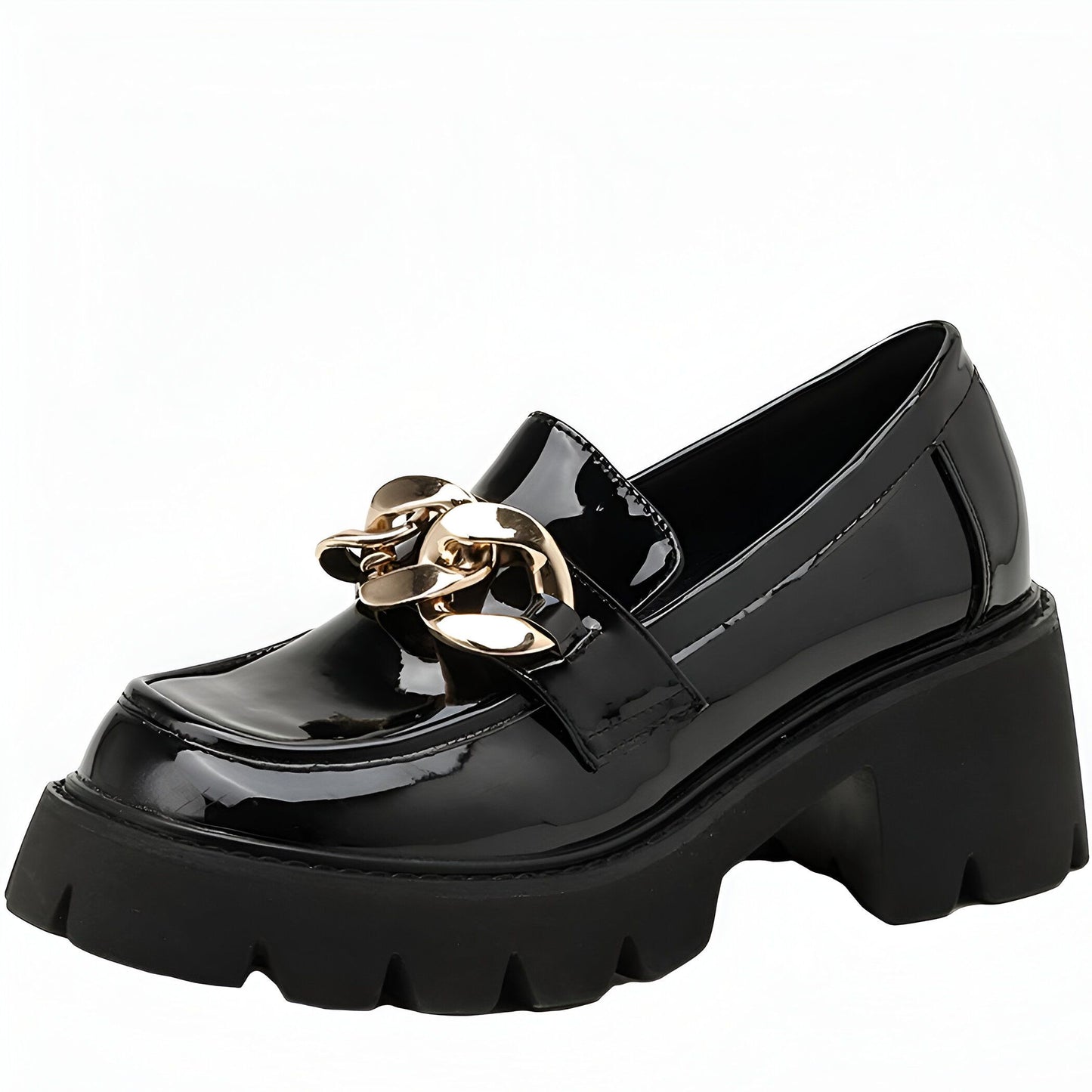 LX Mocassins noirs talons épais cuir verni chaîne dorée