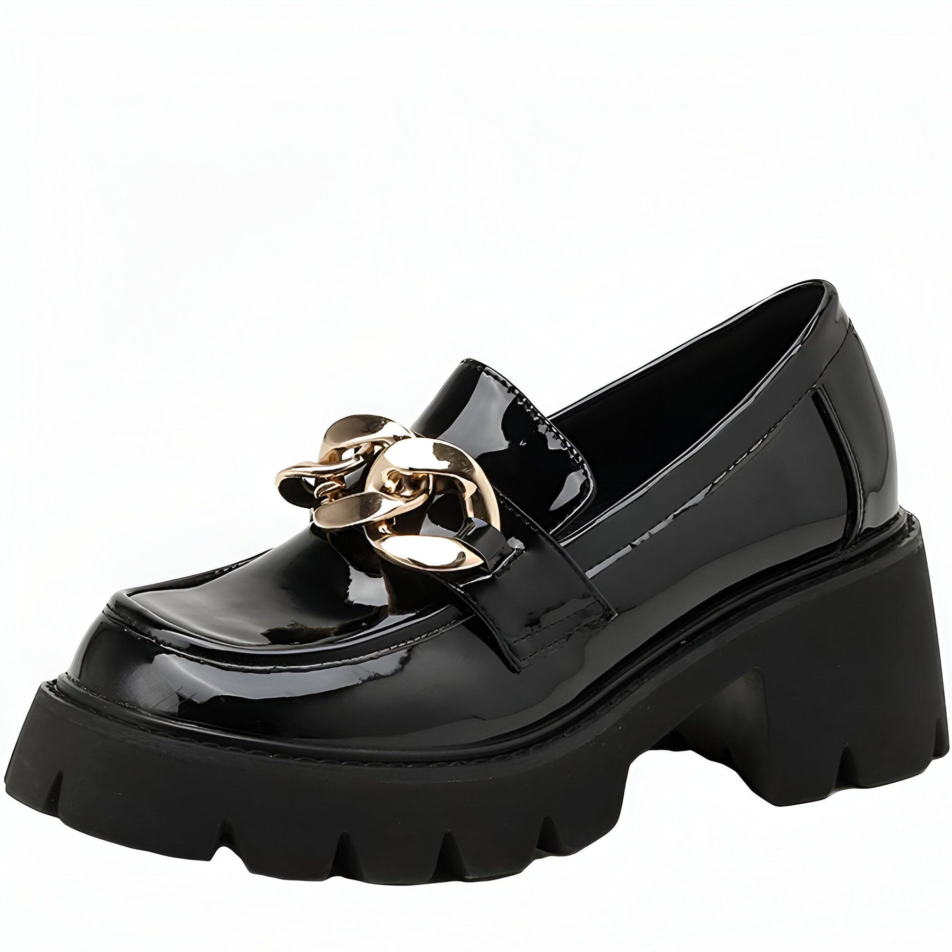 LX Mocassins noirs talons épais cuir verni chaîne dorée