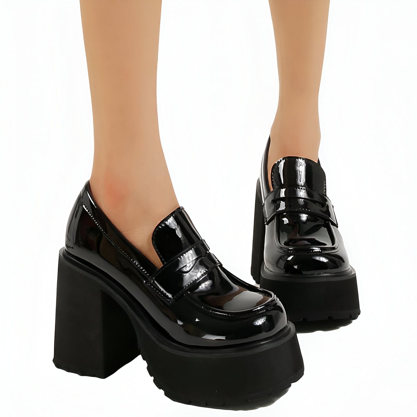 Nova Mocassins noirs à talon épais vernis femme