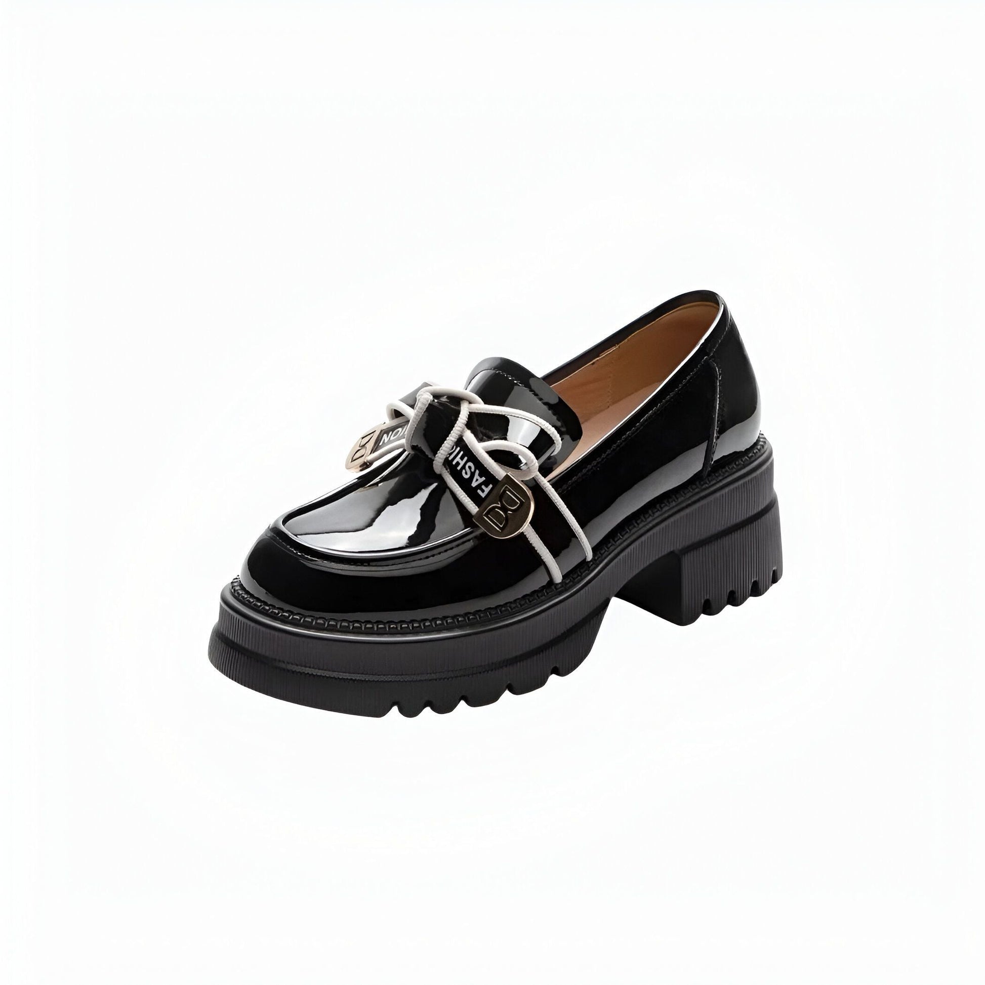 NovaLine Mocassins noirs brillants femme talon épais