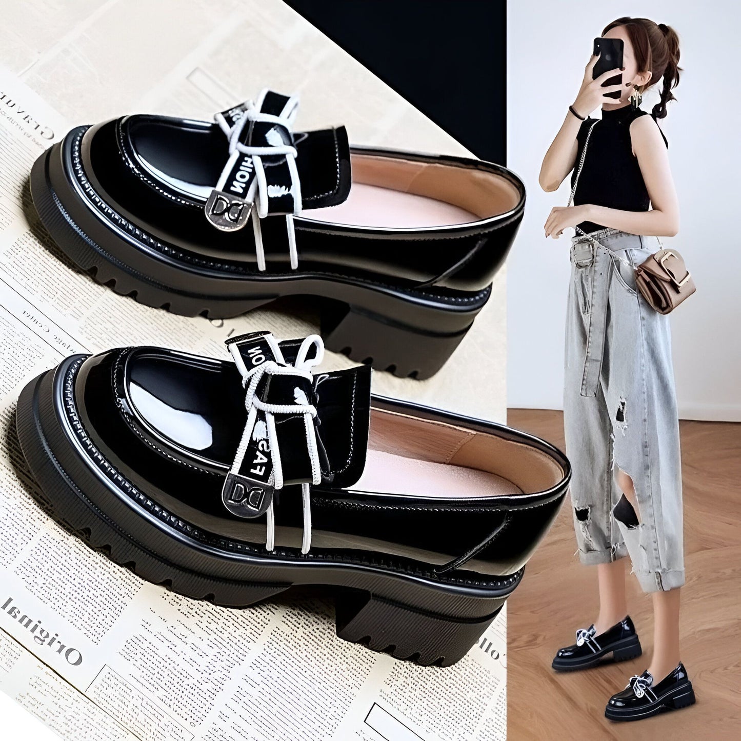 NovaLine Mocassins noirs brillants femme talon épais