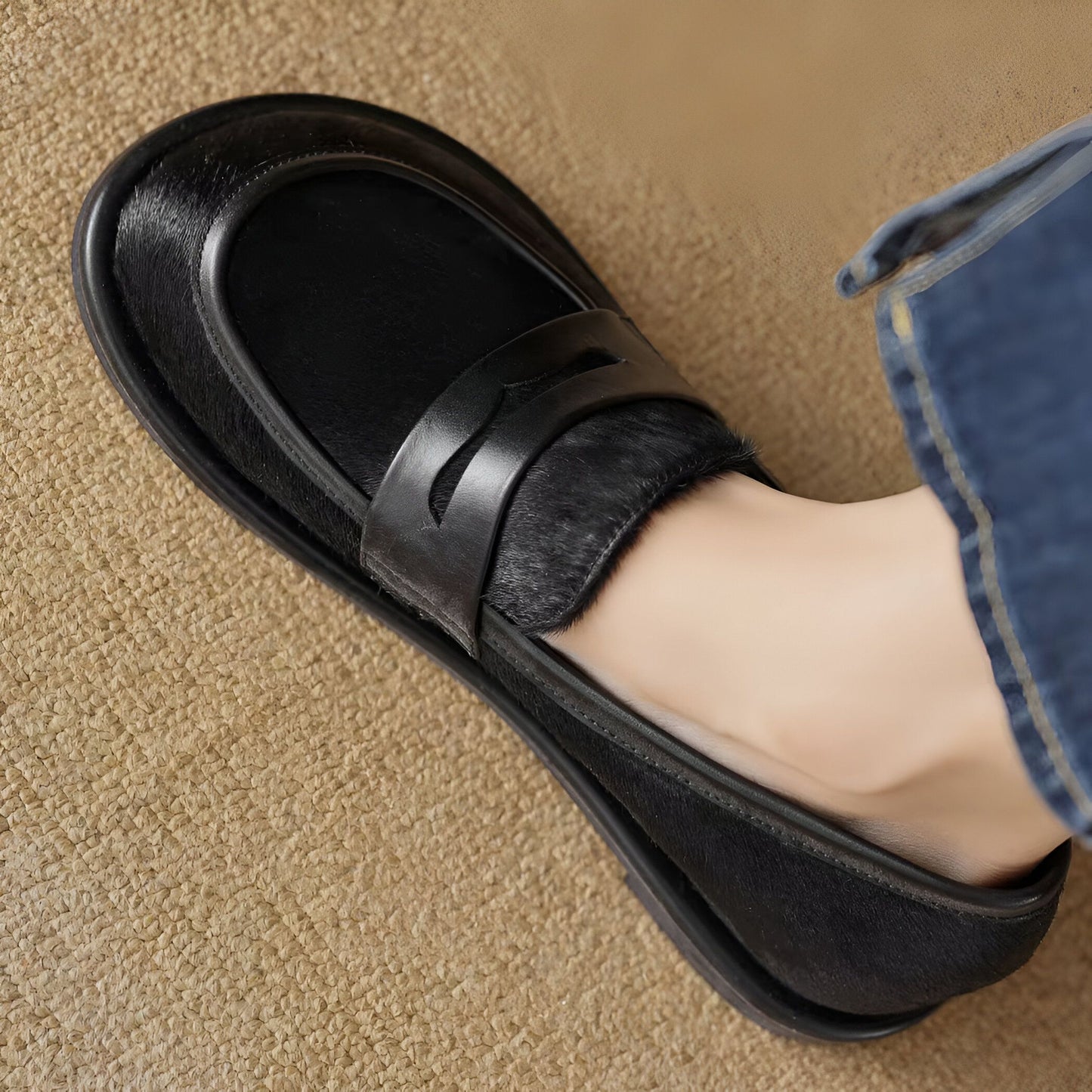 Signature Mocassins Cuir Noir & Crin Cheval