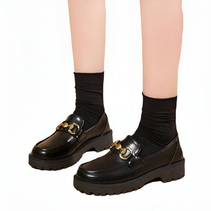 Luxe Mocassins Noirs Femme Chaîne Dorée Semelle Épaisse