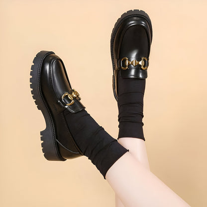 Luxe Mocassins Noirs Femme Chaîne Dorée Semelle Épaisse