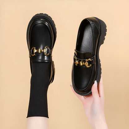 Luxe Mocassins Noirs Femme Chaîne Dorée Semelle Épaisse