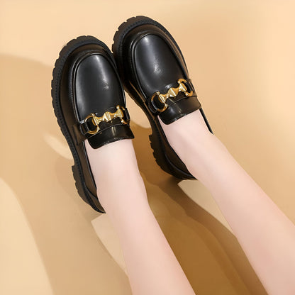Luxe Mocassins Noirs Femme Chaîne Dorée Semelle Épaisse