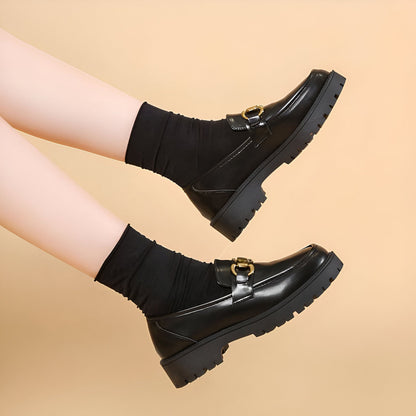 Luxe Mocassins Noirs Femme Chaîne Dorée Semelle Épaisse