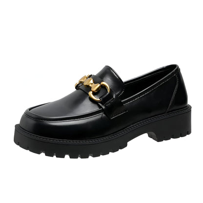 Luxe Mocassins Noirs Femme Chaîne Dorée Semelle Épaisse