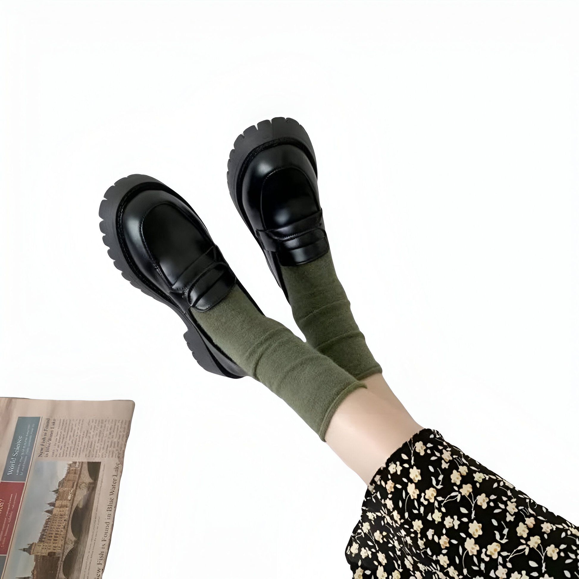 Vogue Mocassins noirs femme talon carré semelle épaisse