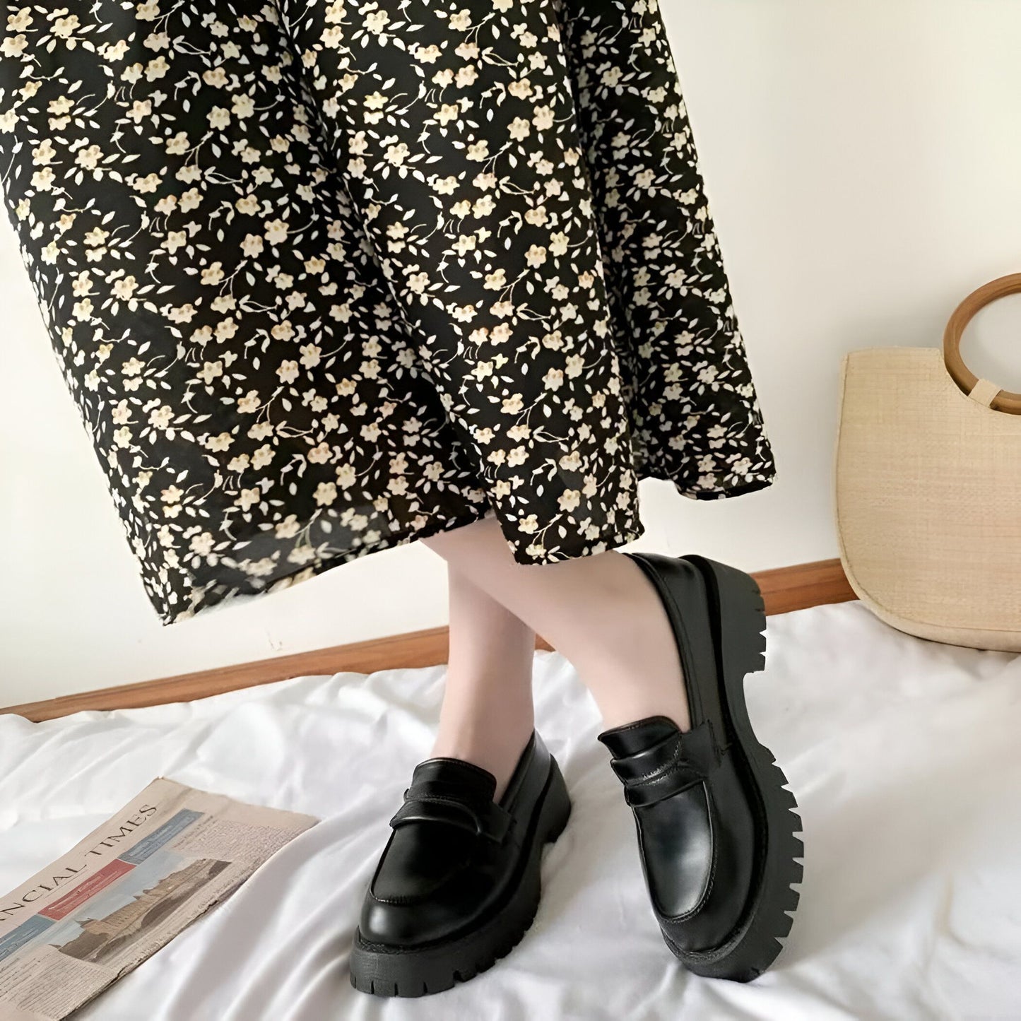 Vogue Mocassins noirs femme talon carré semelle épaisse