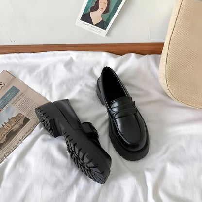 Vogue Mocassins noirs femme talon carré semelle épaisse