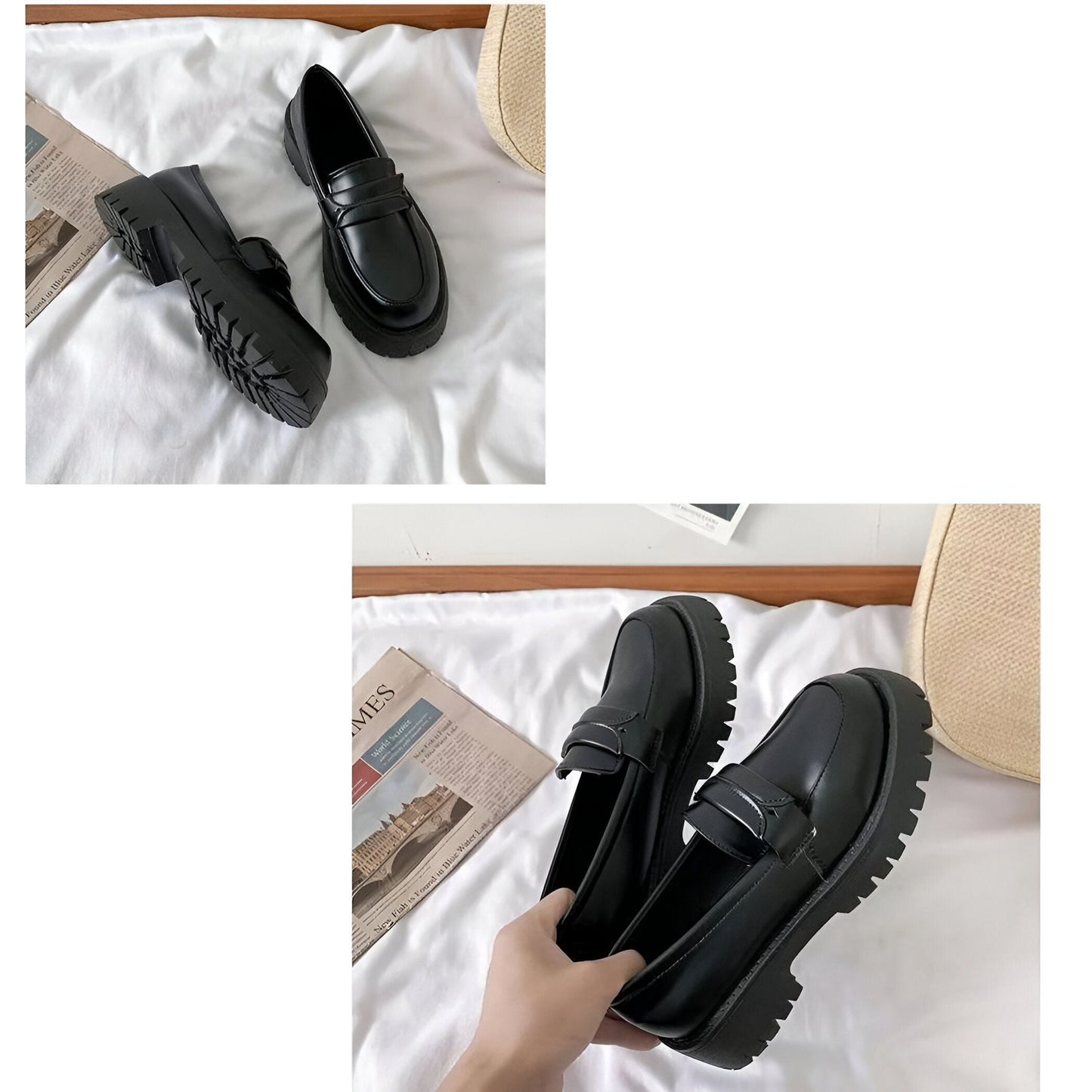 Vogue Mocassins noirs femme talon carré semelle épaisse