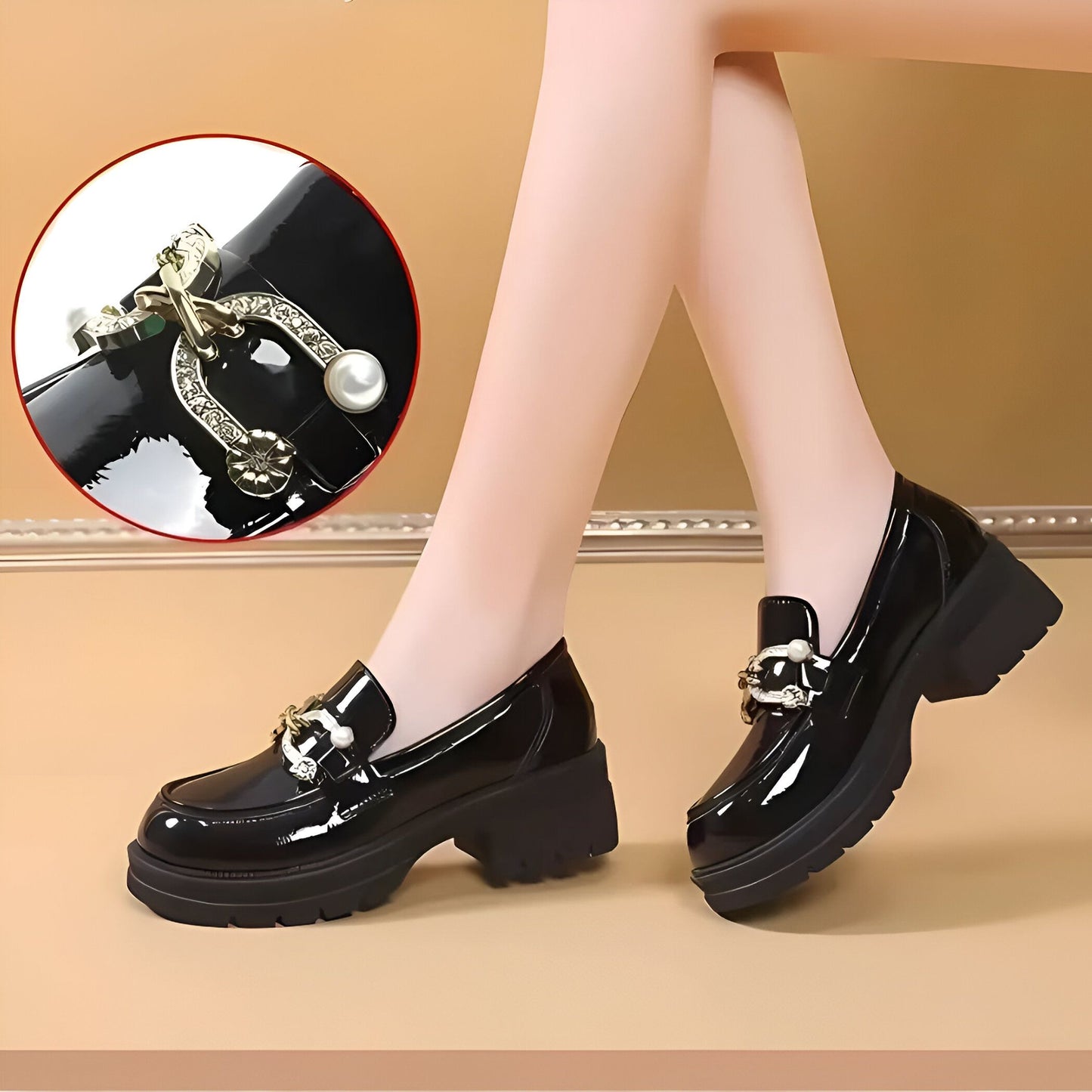 LuxePieds Mocassins noirs vernis femme – détails dorés