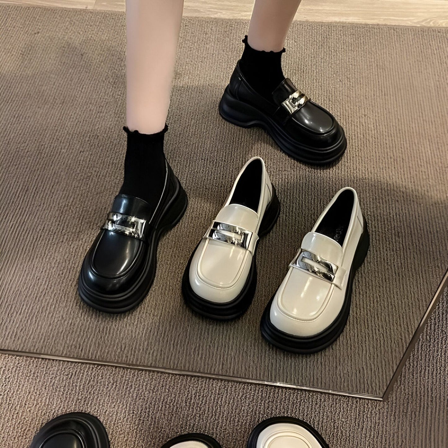NovaBrand Mocassins plateforme bride argentée confort