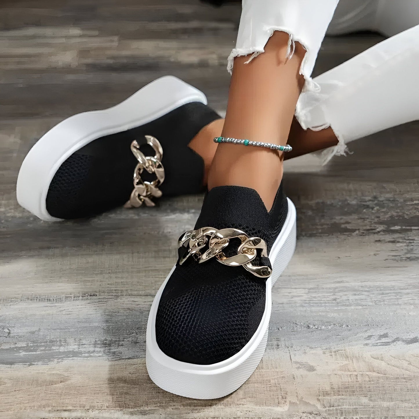 NovaLuxe Mocassins Femme Plateforme Chaîne Métallique