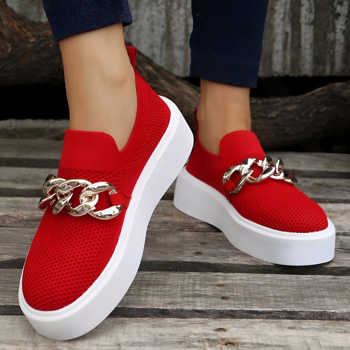 NovaLuxe Mocassins Femme Plateforme Chaîne Métallique