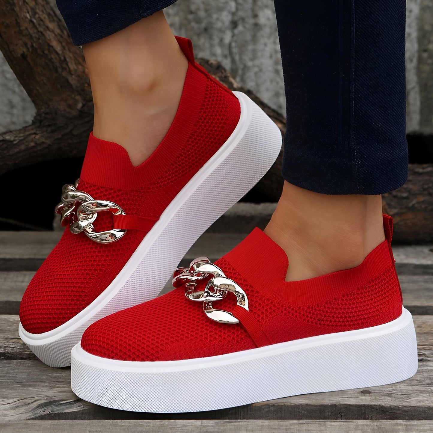 NovaLuxe Mocassins Femme Plateforme Chaîne Métallique