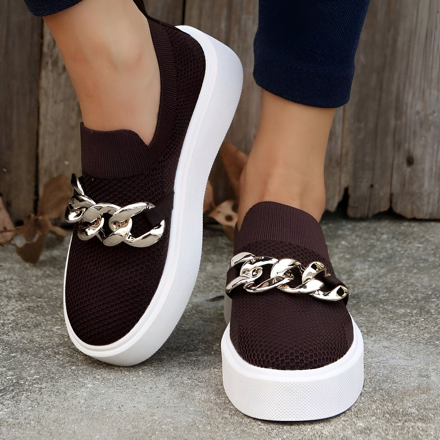 NovaLuxe Mocassins Femme Plateforme Chaîne Métallique