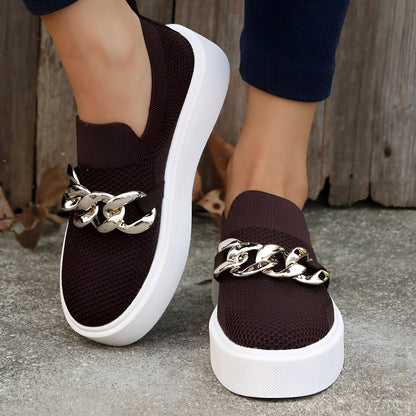 NovaLuxe Mocassins Femme Plateforme Chaîne Métallique