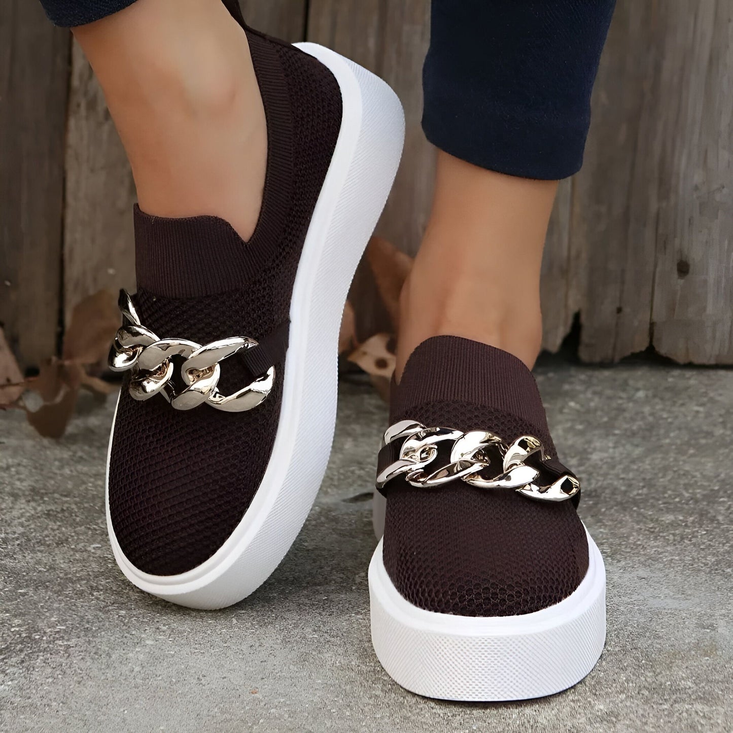 NovaLuxe Mocassins Femme Plateforme Chaîne Métallique